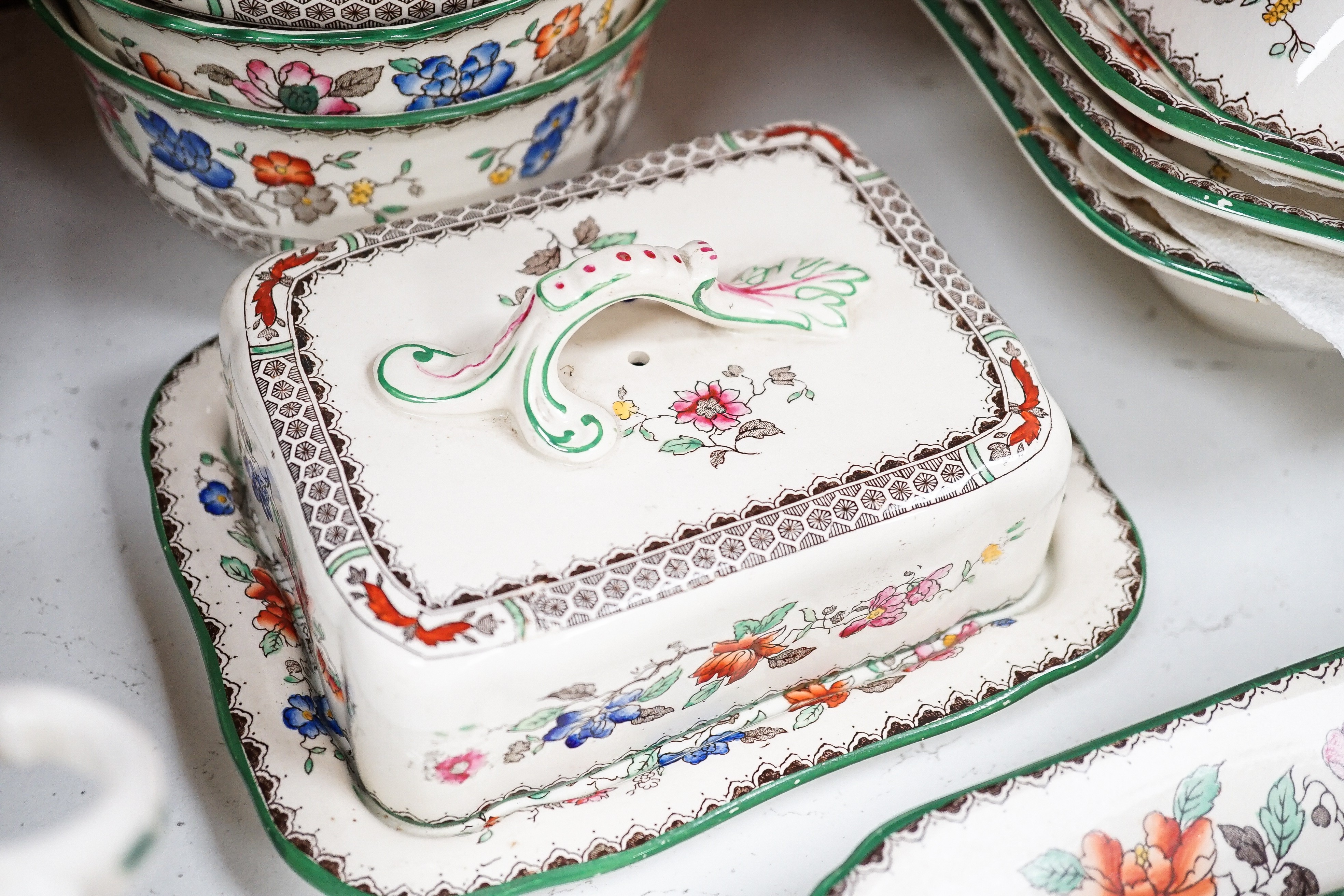A Copeland earthenware dinner, tea and coffee service, Chinese rose pattern